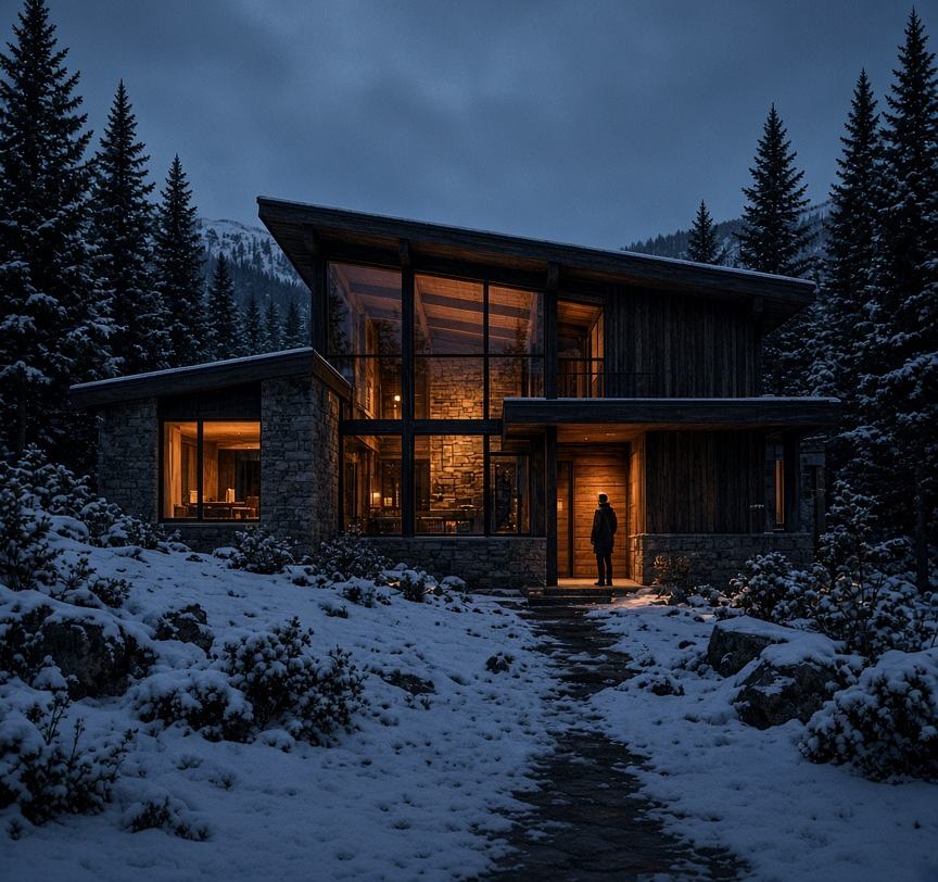 A stone and glass mountain home at blue hour, windows lit warm, snow and evergreens around it, a single person standing at the door.
